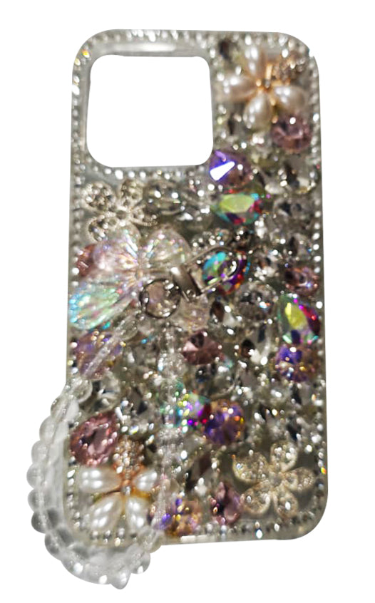 Sparkling 3D Gemstone iPhone Case – Floral Bling Design with Charm